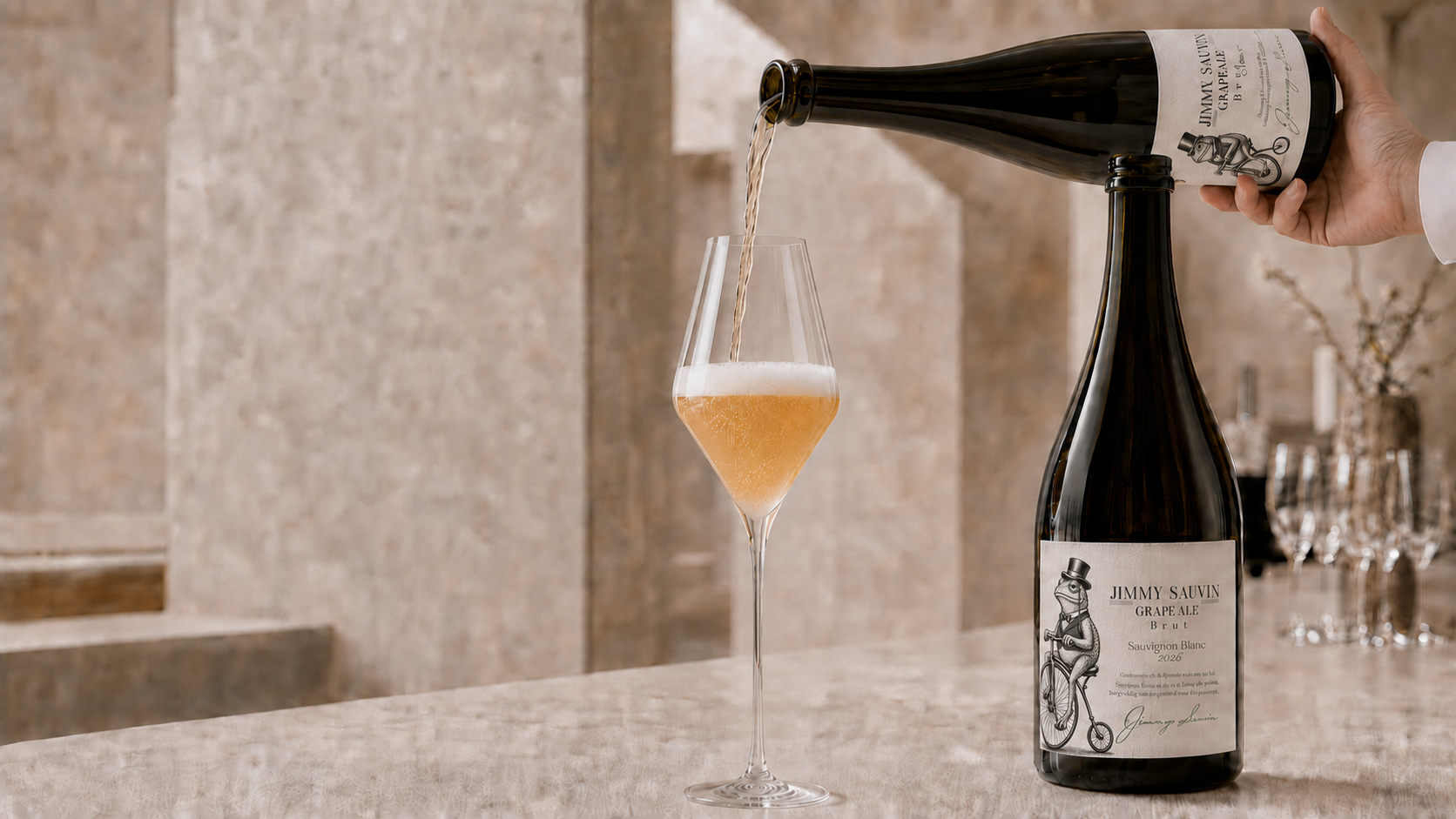 Een sommelier schenkt Jimmy Sauvin Sauvignon Blanc Brut professioneel in een Riedel Veloce-champagneglas
